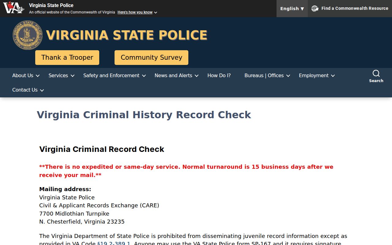 Albemarle County criminal history SP-167 background check route