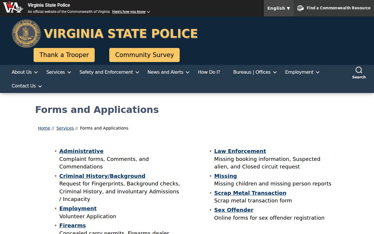 Albemarle County criminal history Virginia State Police forms list