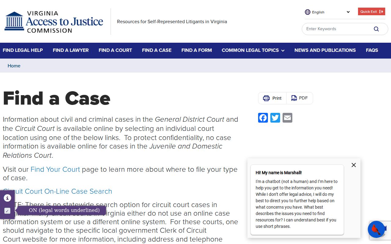 Virginia Judiciary guidance for finding Albemarle County criminal court cases