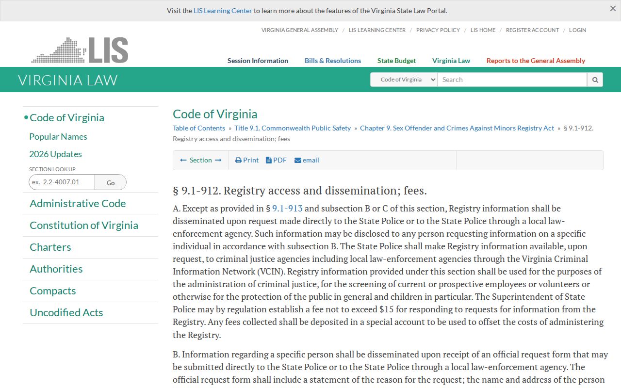 Virginia access law governing Albemarle County sex offender registry information