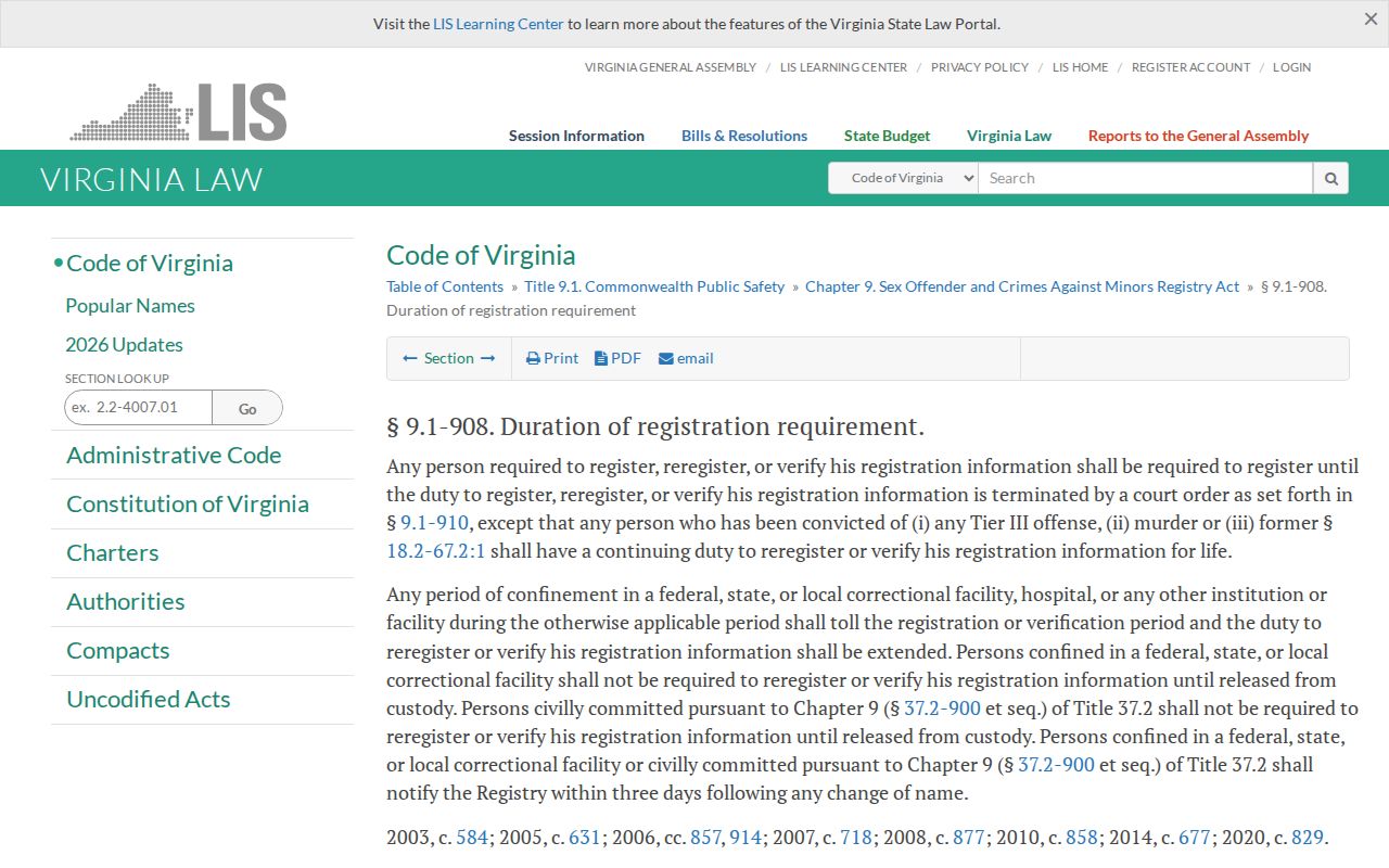 Virginia duration law used for an Albemarle County sex offender check