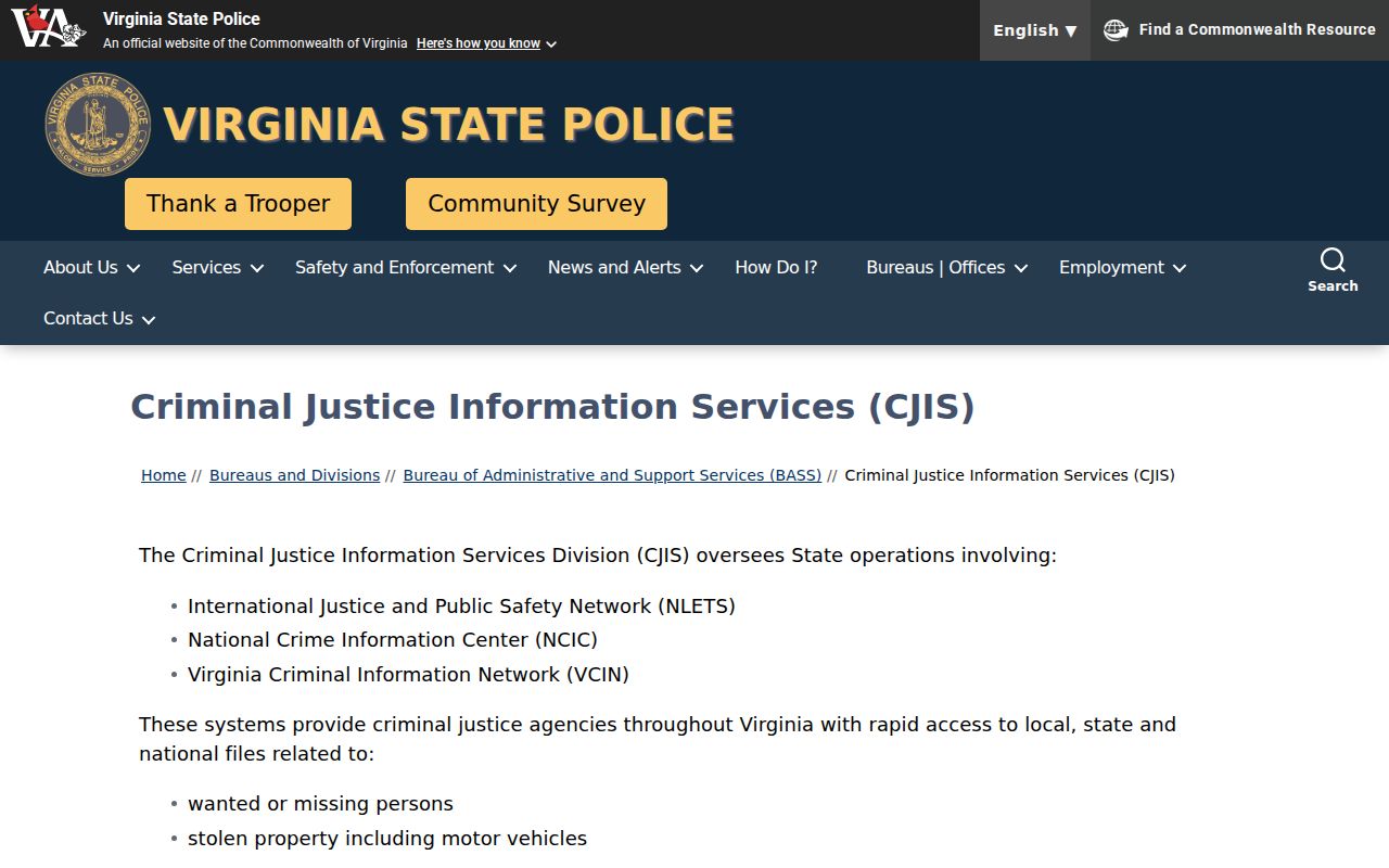 Virginia State Police CJIS registry contact for Albemarle County sex offender records